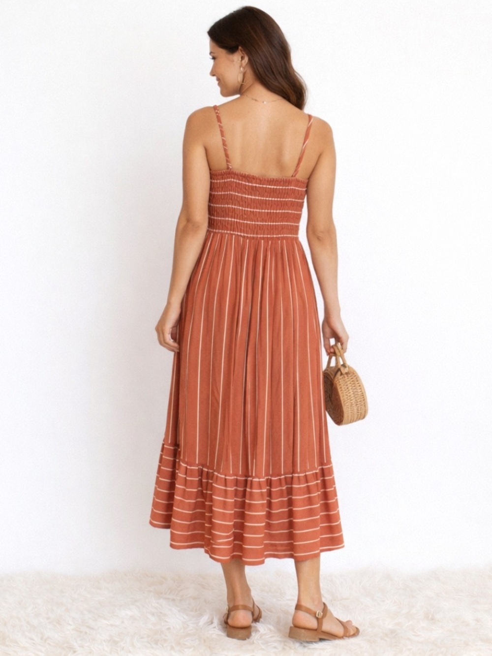 Rust Boho Smocked Midi Dress Striped Cottagecore Summer Size M - Picture 3 of 7